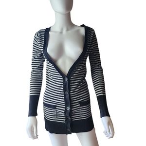Grey and Black Striped Cardigan Sweater
